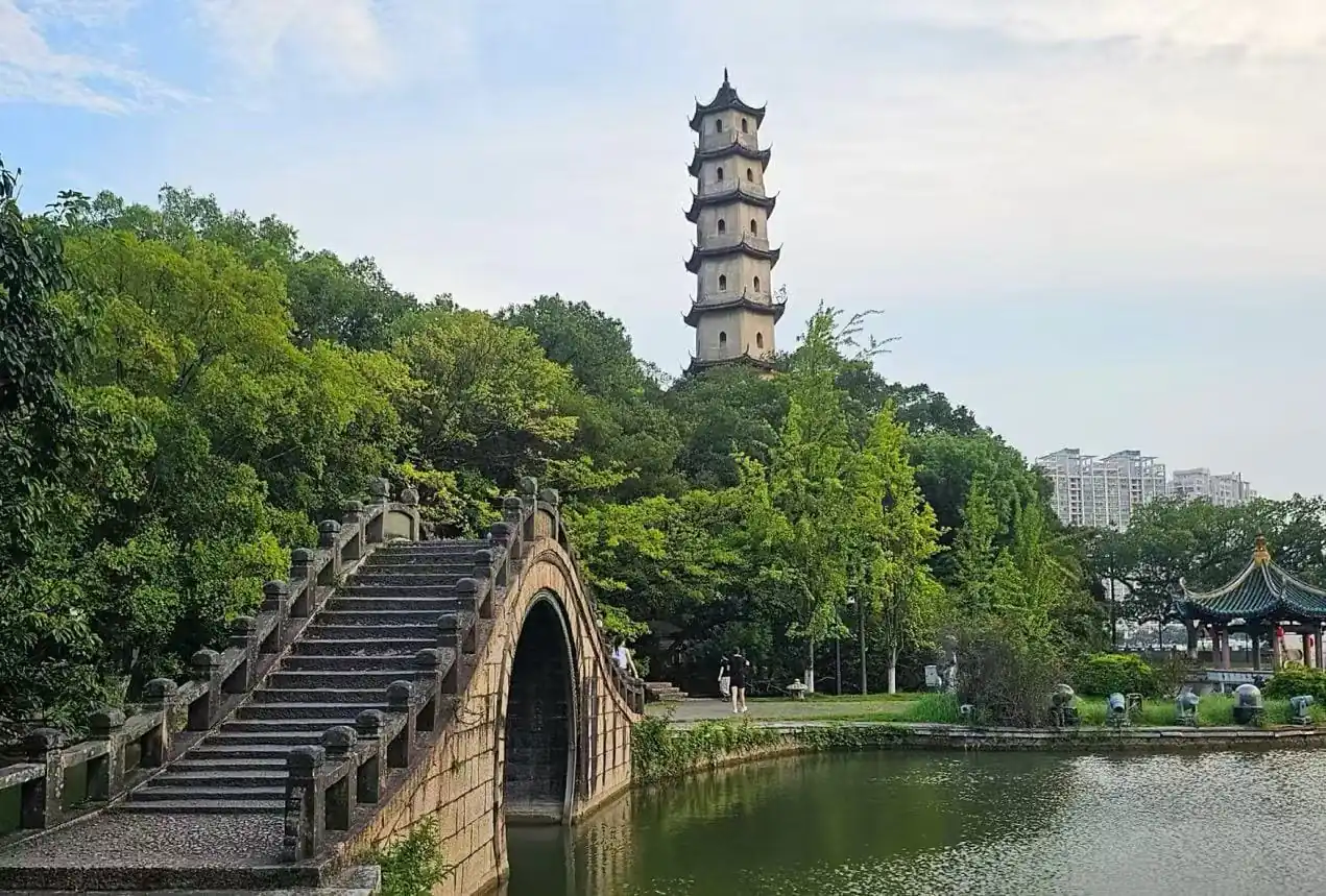Jiangxin Island,Wenzhou,Chinatour Stone arched bridge over a calm pond in a green park with a tall multi-tier pagoda in the background, under a blue sky.