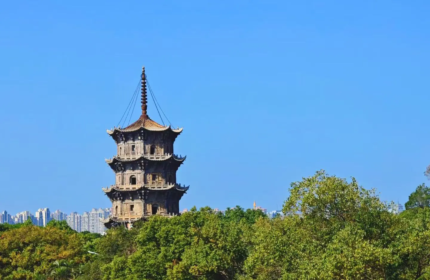 Kaiyuan Temple and West Street,Quanzhou,Chinatour Ancient multi-tier pagoda rising above green trees with a city skyline in the distance under a clear blue sky.
