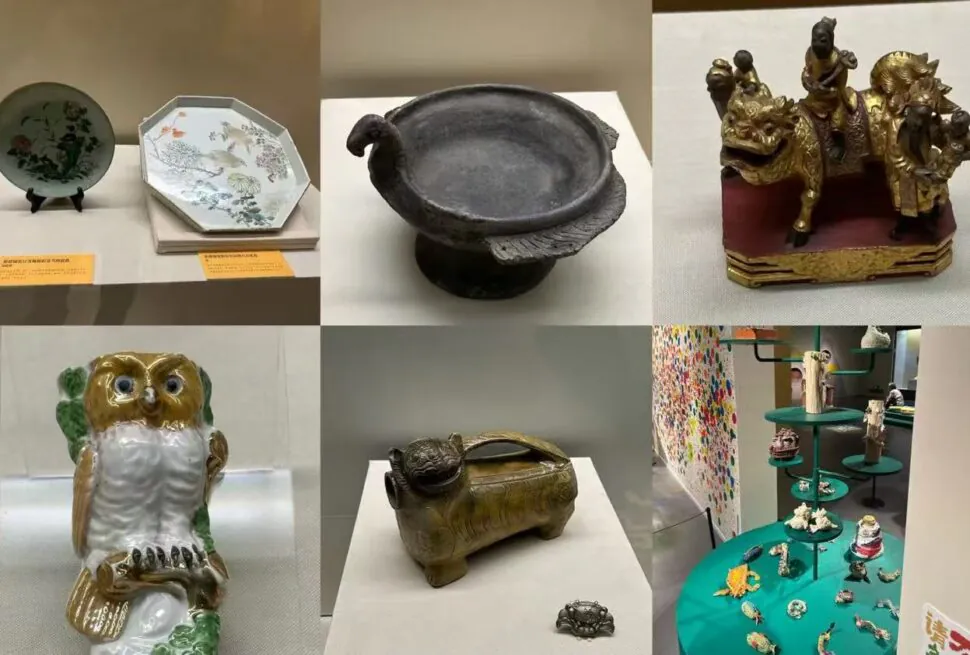 Ningbo Museum,Ningbo,Chinatour Collage of antique pottery and figurines: decorated plates, a black basin, a gold dragon cart statue, and a display of small ceramic pieces.