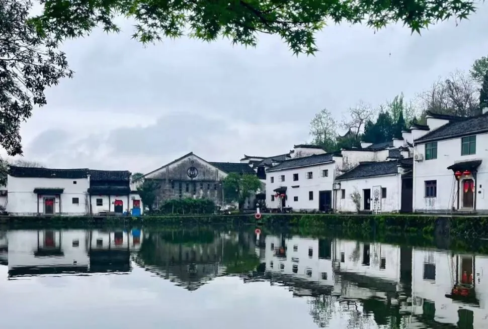 Zhuge Bagua Village,Jinhua,Chinatour White-walled village by a calm lake with mirrored reflections, gray sky, and overhanging green branches framing the scene.