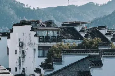White-walled houses with dark tiled roofs clustering on a hillside, with trees in front and forested mountains behind them.