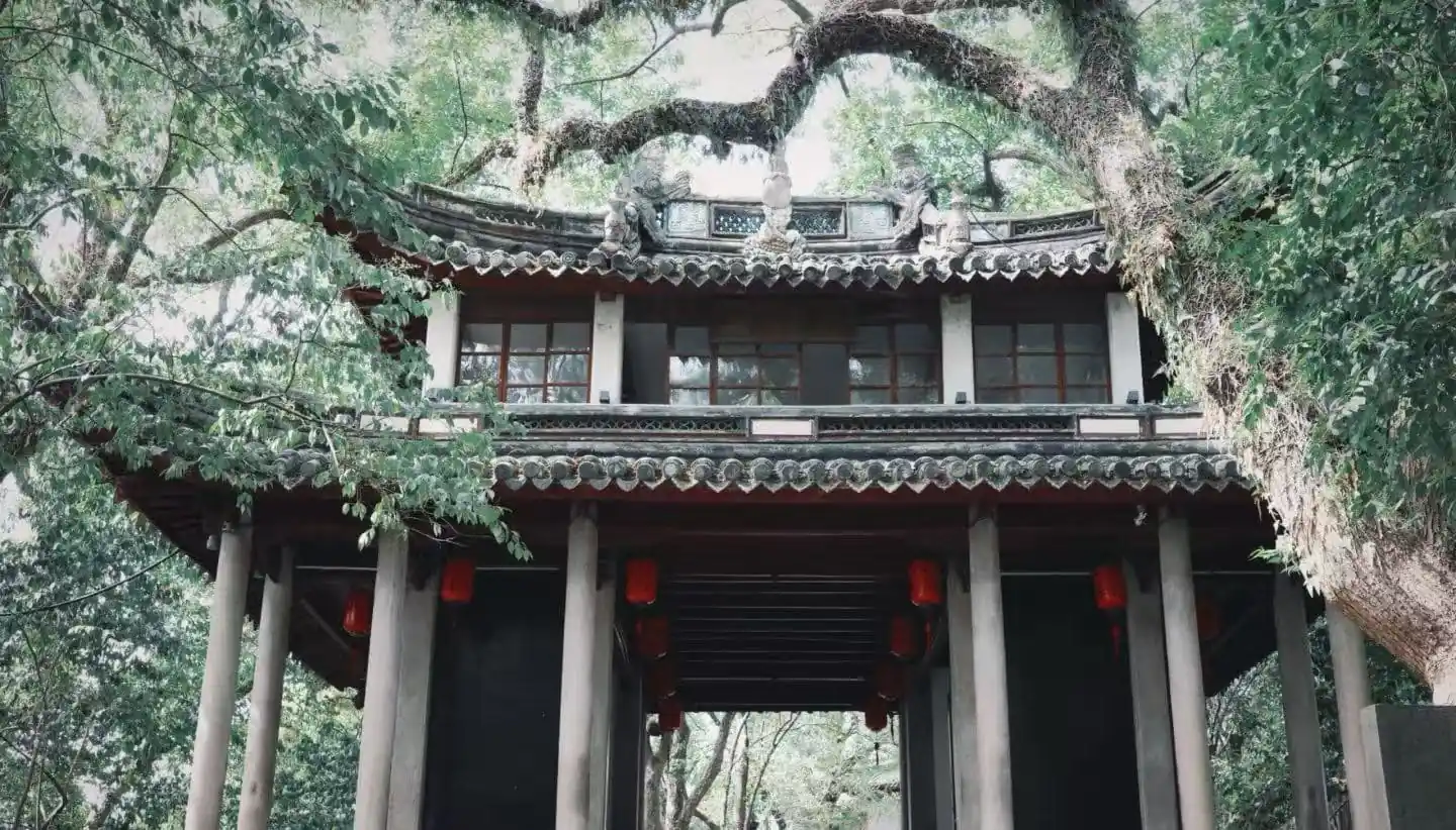 Fenghua Xikou Ancient Town,Ningbo,Chinatour Traditional Chinese pavilion entrance with red lanterns under a tiled roof, surrounded by dense greenery and trees.