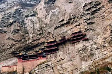 Hengshan Hanging Temple,Datong,Chinatour Series of red pagoda-style terraces built into a rocky cliff face