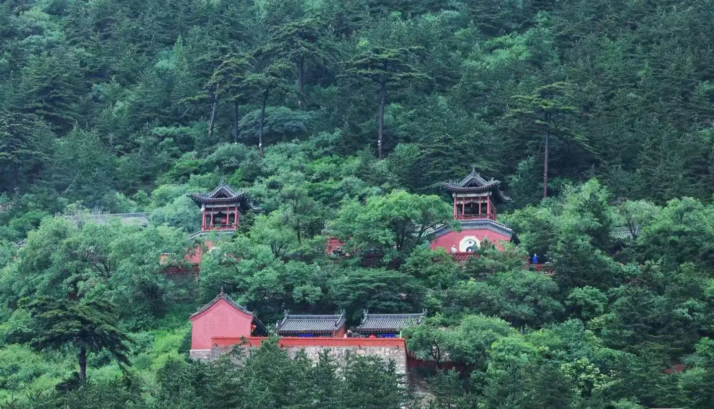 Mount Heng,Datong,Chinatour Red traditional temple buildings nestled in a lush green forest hillside on a slope with trees surrounding them.
