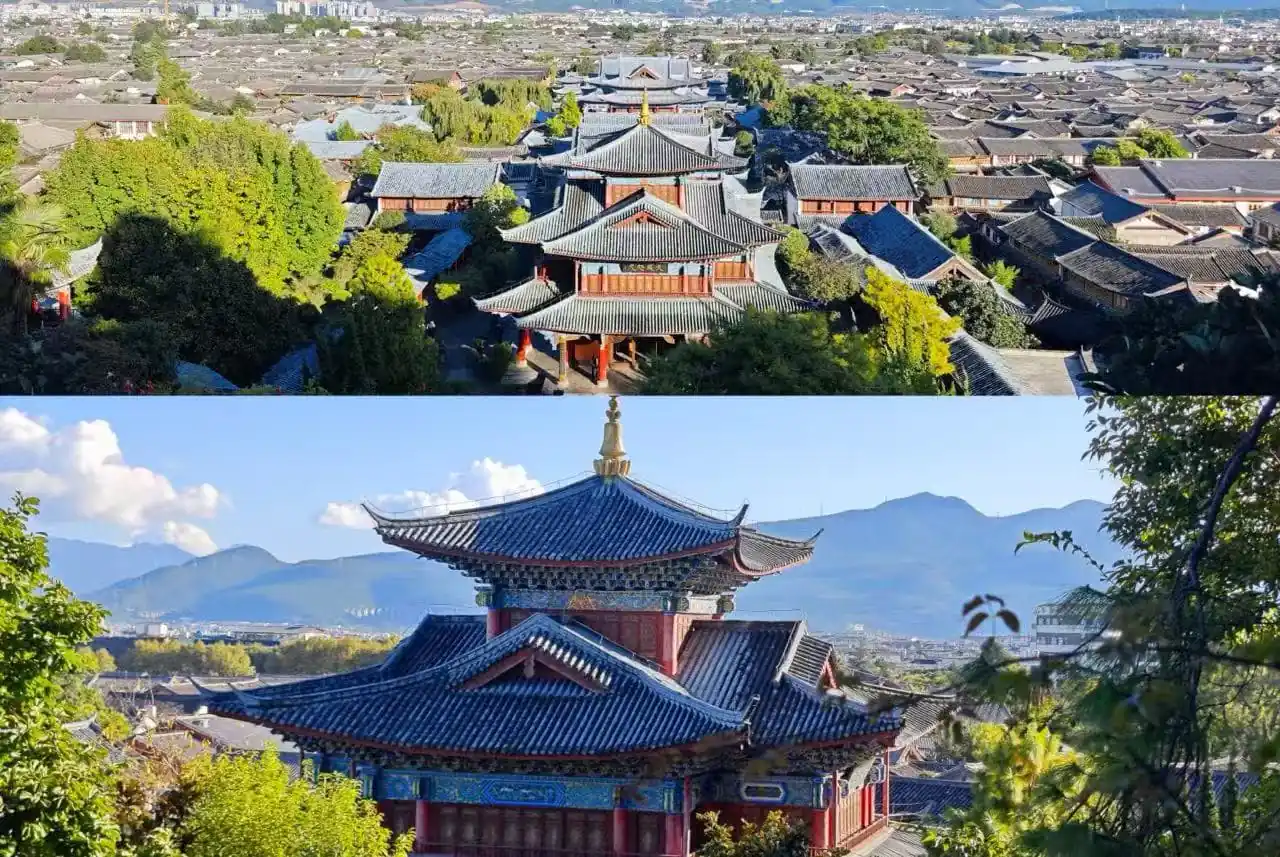 Aerial split image: dense hillside town with traditional Chinese pagodas and teal roofs amid trees and distant mountains.Mu’s Residence,Lijiang,Yunnan,Chinatravel
