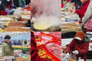 Busy outdoor market with stalls of nuts, dried goods, and people shopping during a festival season.China’s Most Hardcore New Year Markets,𝐂𝐡𝐢𝐧𝐞𝐬𝐞 𝐍𝐞𝐰 𝐘𝐞𝐚𝐫,Beijing,Chinatravel