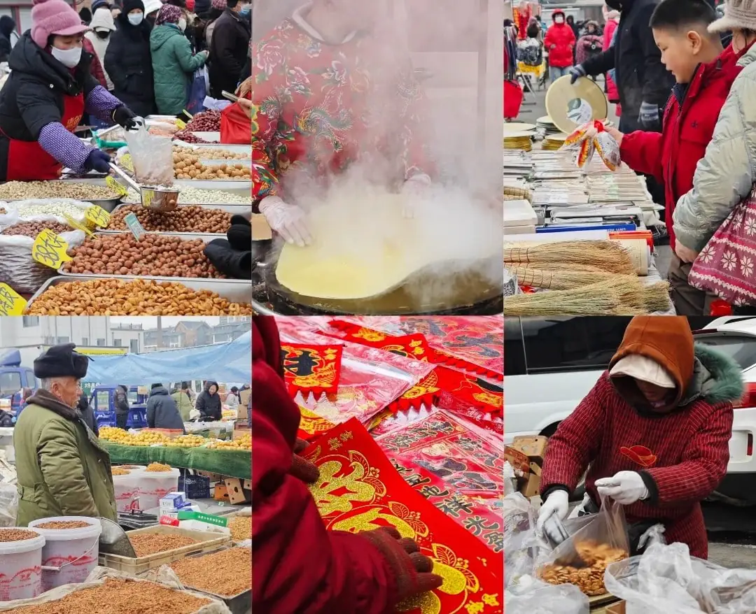 Busy outdoor market with stalls of nuts, dried goods, and people shopping during a festival season.China’s Most Hardcore New Year Markets,𝐂𝐡𝐢𝐧𝐞𝐬𝐞 𝐍𝐞𝐰 𝐘𝐞𝐚𝐫,Beijing,Chinatravel
