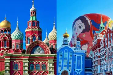 Manzhouli Matryoshka Square,Manzhouli,Chinatour Split image: left shows Saint Basil's Cathedral in Moscow with colorful domes; right shows a blue ornate building with a large mosaic dome in the background.