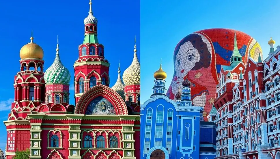 Split image: left shows Saint Basil's Cathedral in Moscow with colorful domes; right shows a blue ornate building with a large mosaic dome in the background.
