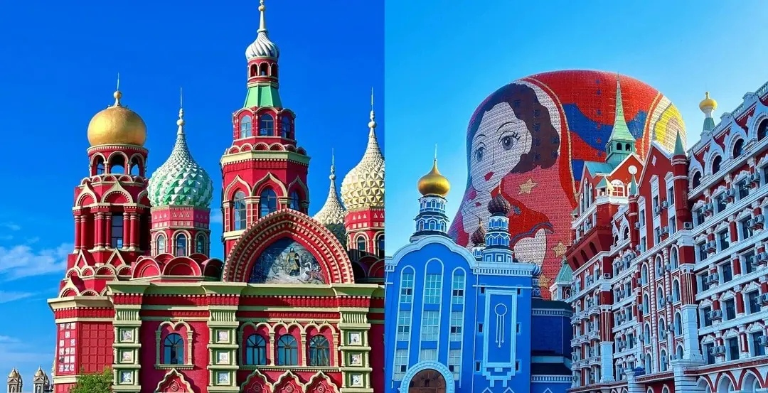 Manzhouli Matryoshka Square,Manzhouli,Chinatour Split image: left shows Saint Basil's Cathedral in Moscow with colorful domes; right shows a blue ornate building with a large mosaic dome in the background.