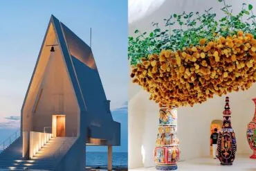 Left: sea-side triangular chapel on stilts at sunset; right: white gallery interior with a yellow flowering canopy and colorful decorative vases,Aranya,Qinhuangdao,Hebei,Chinatravel