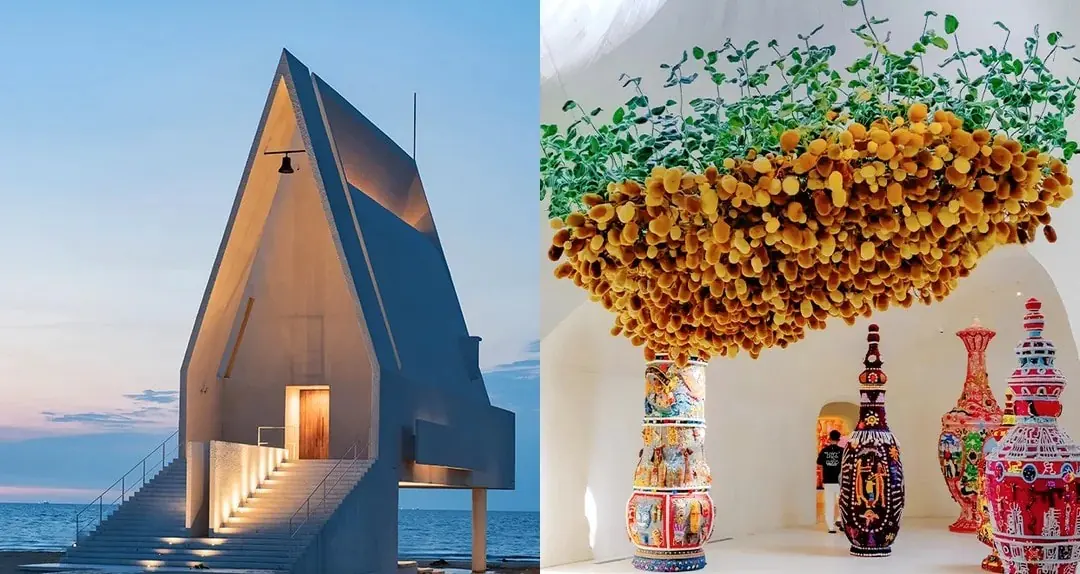 Left: sea-side triangular chapel on stilts at sunset; right: white gallery interior with a yellow flowering canopy and colorful decorative vases,Aranya,Qinhuangdao,Hebei,Chinatravel