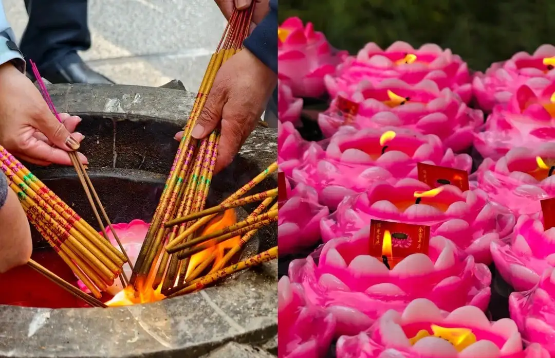 Guanlin Temple,Luoyang,Chinatour People arrange and light incense sticks in a stone burner as part of a ceremonial offering.