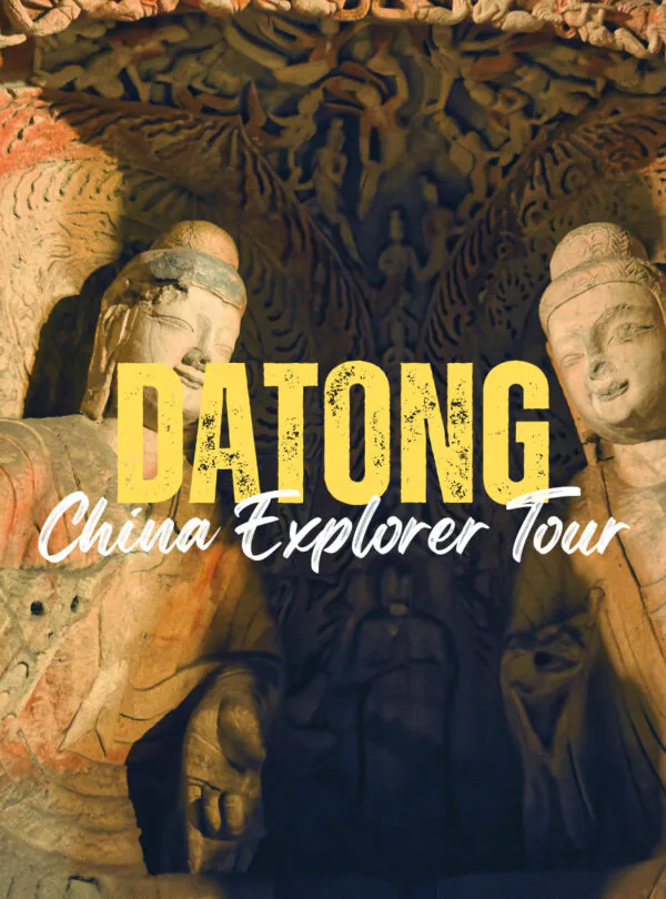 Datong,Shanxi,Chinatravel Promotional banner for Dadong China Explorer Tour showing carved winged figures and bold yellow 'DADONG' text over a cave backdrop.