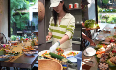 Dali Wellness Retreat,Dali,Chinatour Triptych: a restaurant table set with wine glasses and appetizers, a server in a striped sweater plating dishes, and a long buffet with vegetables and plates.
