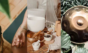 Dali Wellness Retreat,Dali,Chinatour Triptych collage: a person’s hands in a gentle, clasped pose on the left, a spa/ritual setup with white singing bowls in the center, and a brass gong framed by green leaves on the right.