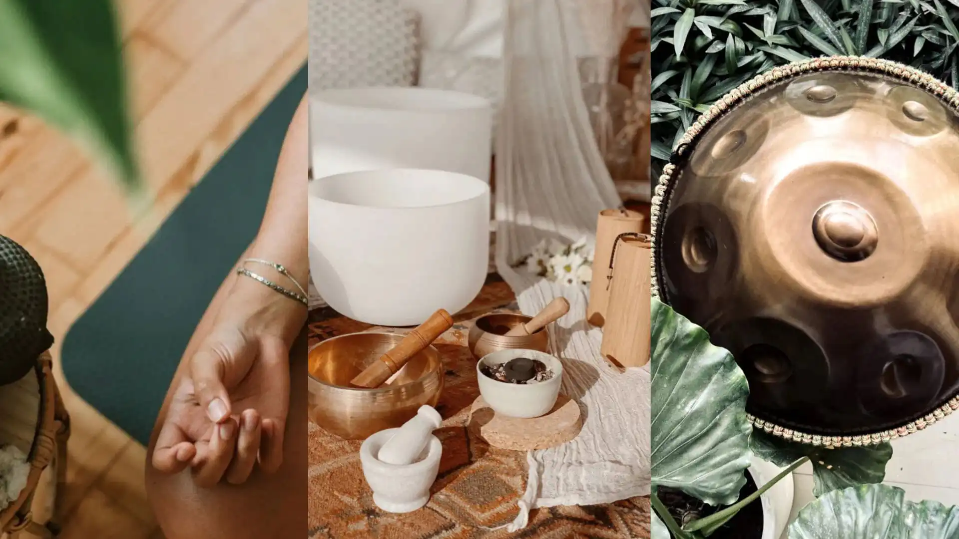Dali Wellness Retreat,Dali,Chinatour Triptych collage: a person’s hands in a gentle, clasped pose on the left, a spa/ritual setup with white singing bowls in the center, and a brass gong framed by green leaves on the right.
