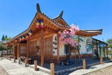 Changbai Korean Folk Village,Baishan,Jilin,Chinatravel Traditional wooden East Asian building with curved tiled roof, colorful banners, and a pink cherry blossom tree in bloom beside a stone path and mural wall.