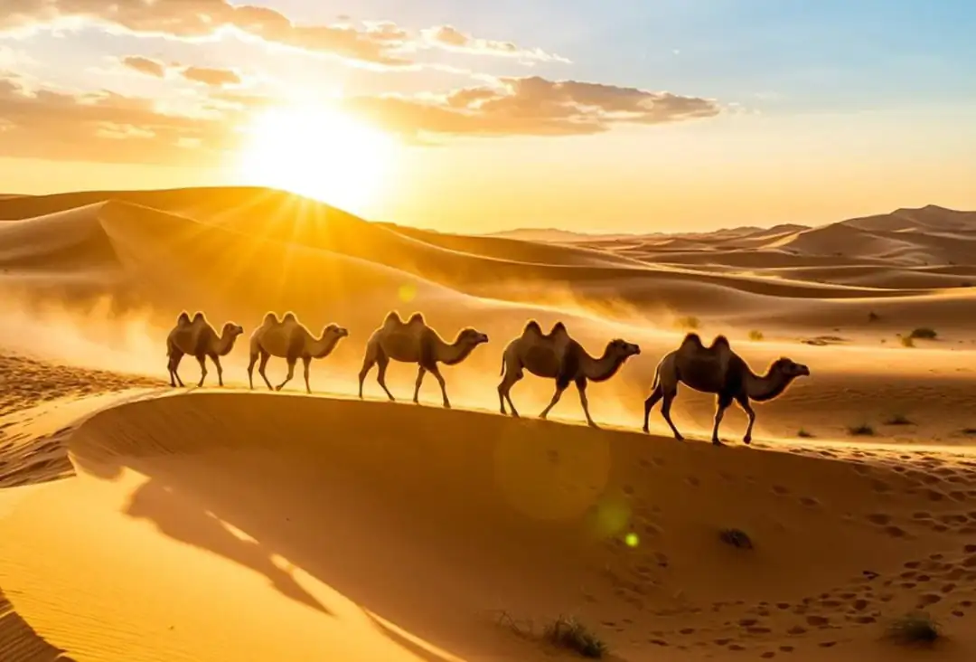 Shapotou Desert Scenic Area,Yinchuan,Ningxia,Chinatravel A line of camels walking in a desert at sunset, with golden sand dunes and a bright sun low on the horizon.