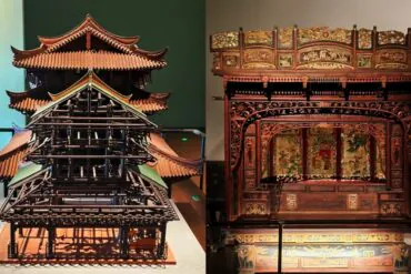 Guangxi Museum,Nanning,Guangxi,Chinaexplorertour Two intricately carved traditional Chinese wooden structures on display: a multi-tiered pagoda-style model on the left and a large ornate cabinet with painted panels on the right in a museum.