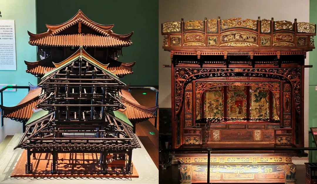 Guangxi Museum,Nanning,Guangxi,Chinaexplorertour Two intricately carved traditional Chinese wooden structures on display: a multi-tiered pagoda-style model on the left and a large ornate cabinet with painted panels on the right in a museum.