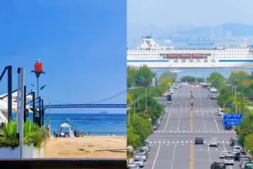 Xinghai Square,Dalian,Liaoning,Chinatravel Split-image view: left shows a sunny beach and boardwalk, right shows a city street with a large ship crossing over the road in the distance.