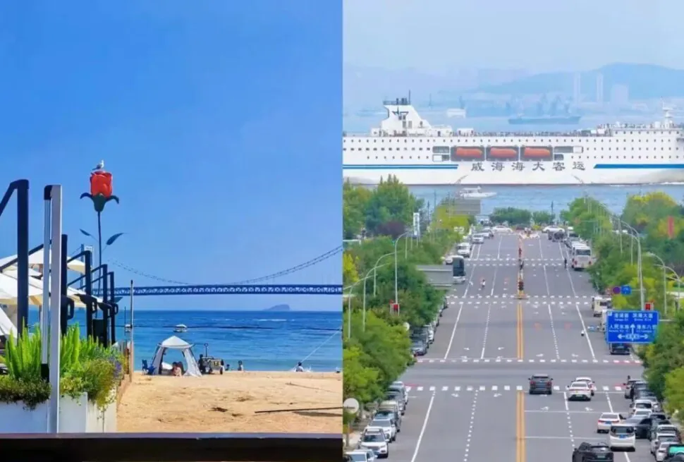 Xinghai Square,Dalian,Liaoning,Chinatravel Split-image view: left shows a sunny beach and boardwalk, right shows a city street with a large ship crossing over the road in the distance.