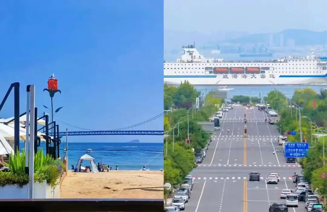 Xinghai Square,Dalian,Liaoning,Chinatravel Split-image view: left shows a sunny beach and boardwalk, right shows a city street with a large ship crossing over the road in the distance.