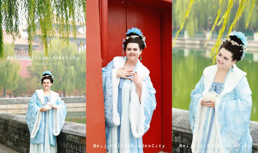 Triptych photo of a woman in blue Hanfu standing by a red door and a lake with willows, promoting Beijing Forbidden City.