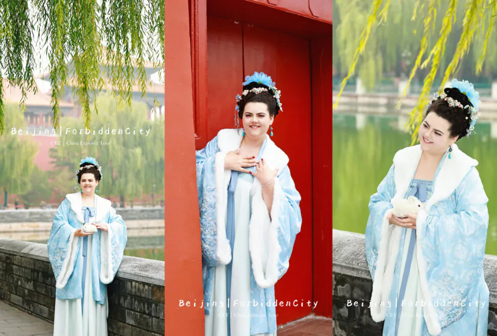 Triptych photo of a woman in blue Hanfu standing by a red door and a lake with willows, promoting Beijing Forbidden City.