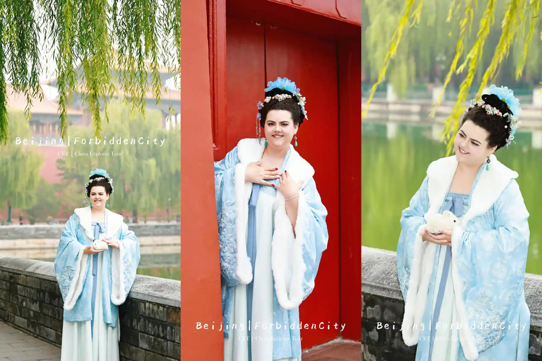 Triptych photo of a woman in blue Hanfu standing by a red door and a lake with willows, promoting Beijing Forbidden City.