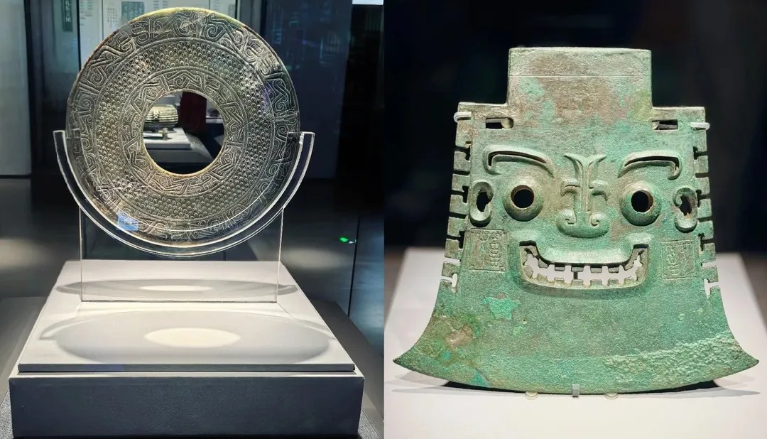 Circular carved stone disk with a central hole and intricate geometric patterns on display stand, museum exhibit piece for communication and ritual use,Shandong Museum,Jinan,Shandong,Chinatravel