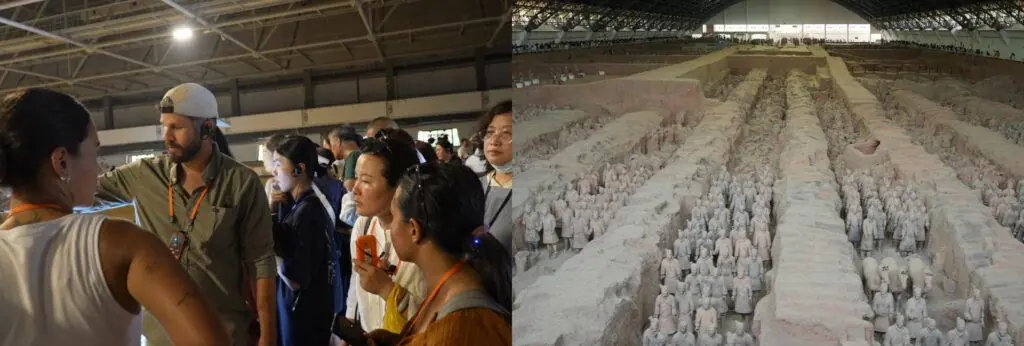 Tourists and guides viewing the Terracotta Army statues in Xi'an, China.