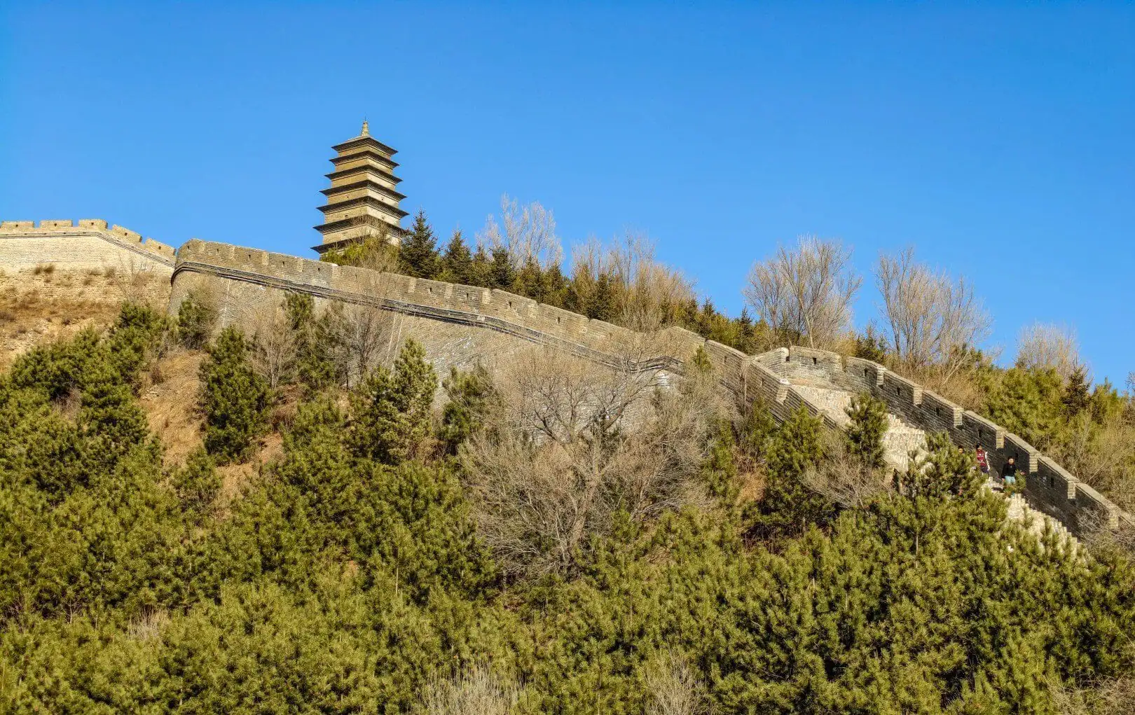 Traditional Chinese pagoda on a hill with trees and clear blue sky.