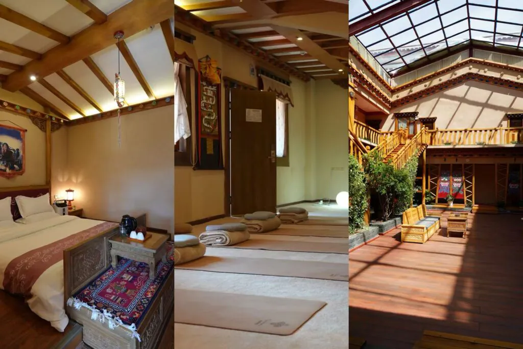 A cozy traditional Chinese-style bedroom with wooden beams and warm lighting.
