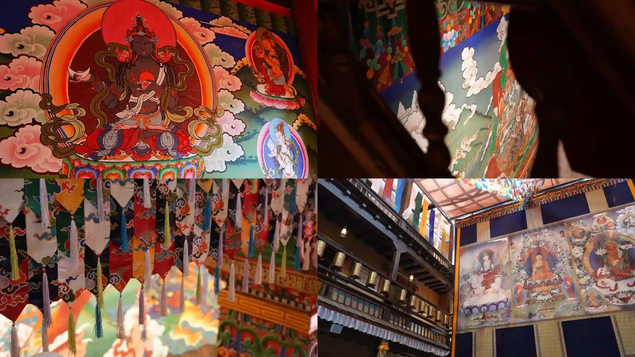 A vibrant interior view of a Tibetan Buddhist monastery with colorful murals and decorations.