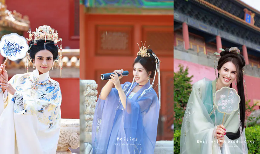 Three women in ornate traditional Chinese dresses pose at a Beijing historic site, each wearing elaborate headdresses and bright, colorful outfits.