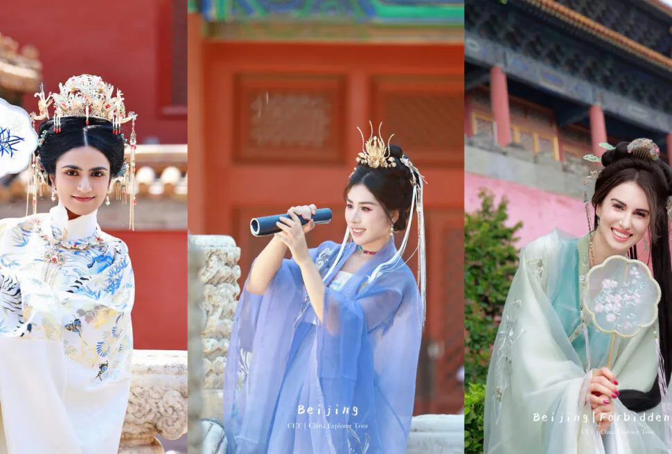 Three women in ornate traditional Chinese dresses pose at a Beijing historic site, each wearing elaborate headdresses and bright, colorful outfits.