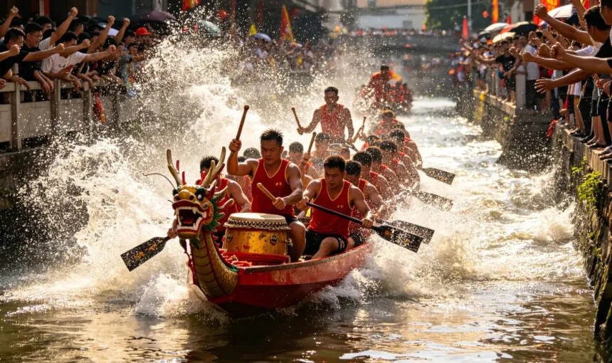 Dragon boat race with paddlers and cheering spectators in China.