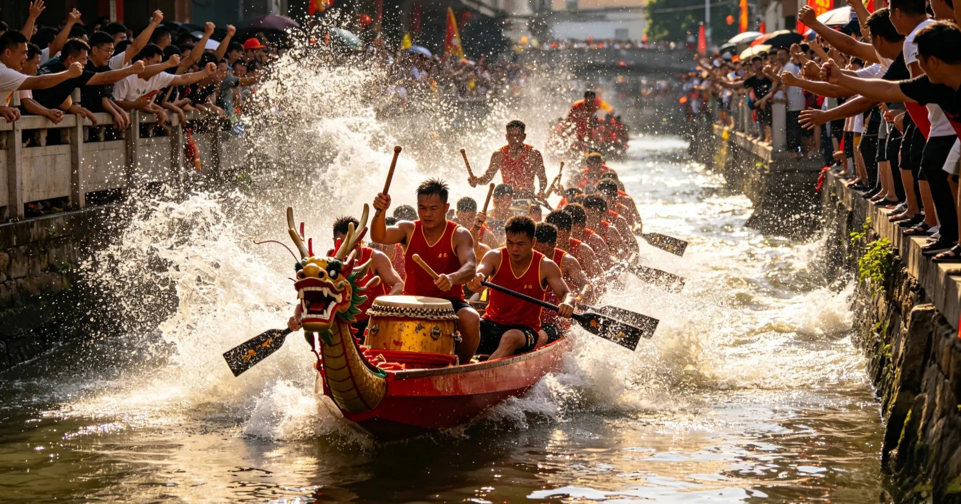 Dragon boat race with paddlers and cheering spectators in China.