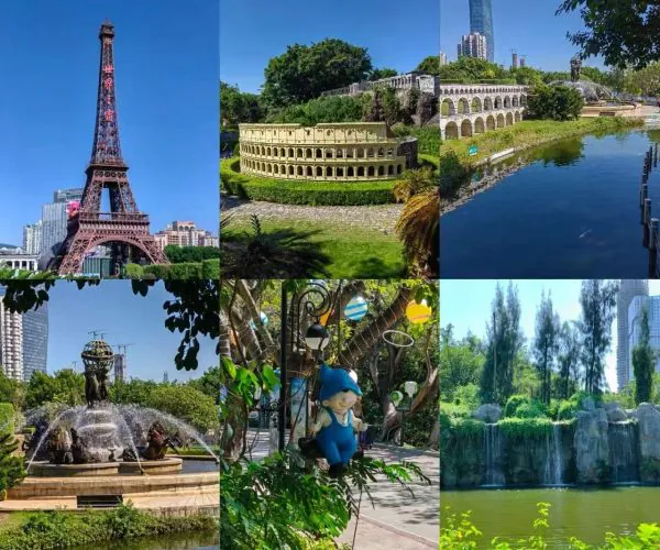 A collage of urban park attractions: Eiffel Tower replica, ancient amphitheater, aqueduct, fountain, garden statue area, and playground with a Smurf doll among trees.