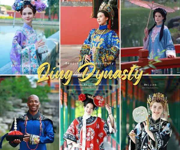 hangfu Photoshoot, collection, qing dynasty, chinatravel, Collage of six people in vibrant Qing Dynasty–inspired outfits posing at Beijing landmarks and gardens.