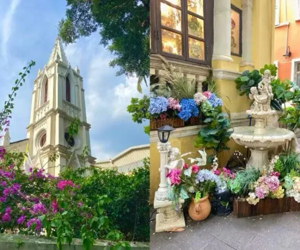 Split image: left shows a white church steeple against a blue sky with flowering bushes; right shows a decorative fountain in a colorful, flower-filled courtyard.