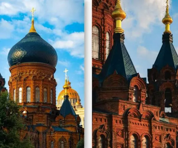 Two ornate Russian Orthodox churches side by side: left features a large blue onion dome with a gold cross, right shows brick towers with peaked blue roofs and gold spires.