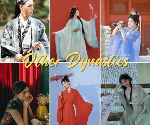 hangfu Photoshoot, collection, other dynasties, chinatravel, Collage of six people in elegant traditional Chinese costumes, posed in different settings, with 'Other Dynasties' across the center.