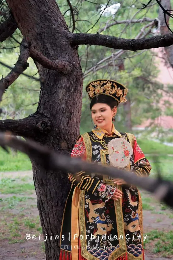 hanfu photoshoot, the forbidden city, beijing, qing dynasty, female, solo, chinatrip, Woman in elaborately embroidered traditional Chinese costume and headdress posing beside a tree in a park setting.