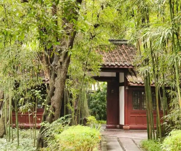 Traditional garden with bamboo, trees, and a red wooden pavilion with a tiled roof along a stone path in a tranquil courtyard.