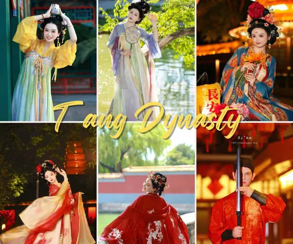 Hanfu photoshoot, xi'an, tang dynasty, chinatravel, A collage of six people in vibrant Tang Dynasty costumes posing in garden, temple, and night scenes, with 'Tang Dynasty' script across the center.