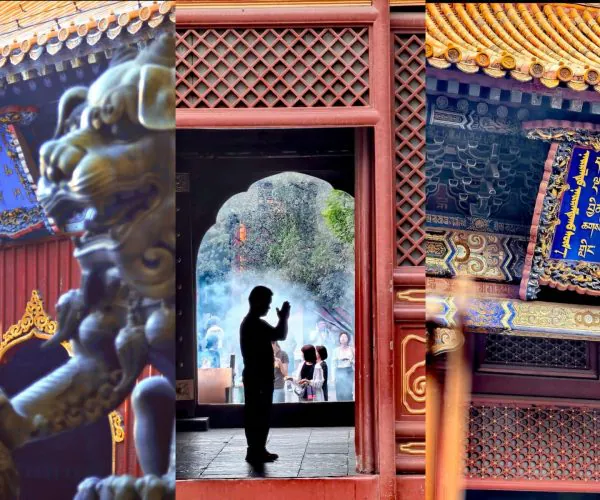 yonghe temple, beijing, chinatrip, Triptych view of a colorful temple facade with a dragon statue in the foreground and worshippers praying inside an arched doorway.