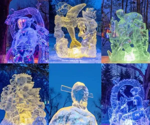 Collage of nine ice sculptures illuminated by colorful lights at night.